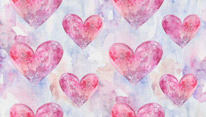 Dreamy background of romantic pink watercolor hearts taking flight on a seamless artistic pattern