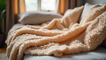 Cozy and soft blanket, perfect for snuggling on the couch or bed A plush texture and warm colors evoke feelings of comfort and relaxation Ideal for a chilly evening , plush, unwind