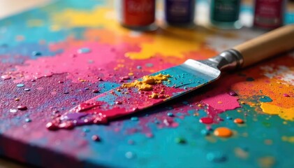Close-up of a paint-splattered palette knife resting on a vibrant canvas, surrounded by tubes of oil paints and brushes, reflecting the artist's creative process , painting supplies, fine art