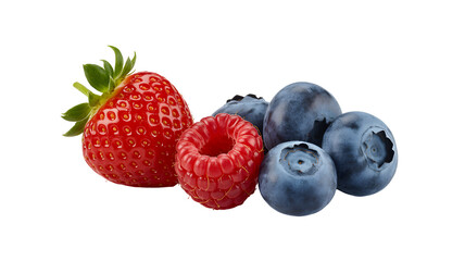 Fresh ripe strawberry raspberry and blueberries isolated on black background