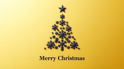 Minimalist Christmas Tree Made of Black Snowflakes on Smooth Golden Texture. Upscale Holiday Greeting_11