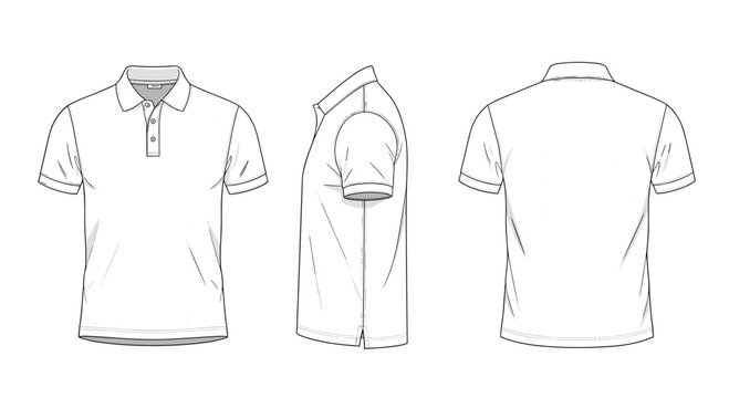 Flat fashion sketch of a short-sleeved polo shirt in white, front, side, and back views.