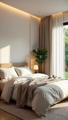 Serene bedroom interior with minimalist decor, featuring soft lighting and calming textures Perfect for relaxation and peaceful sleep , harmony, blankets, cozy
