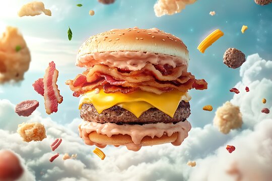 Floating burger adorned with layers of melted cheese and crispy bacon amidst a surreal sky of clouds and flying ingredients.
