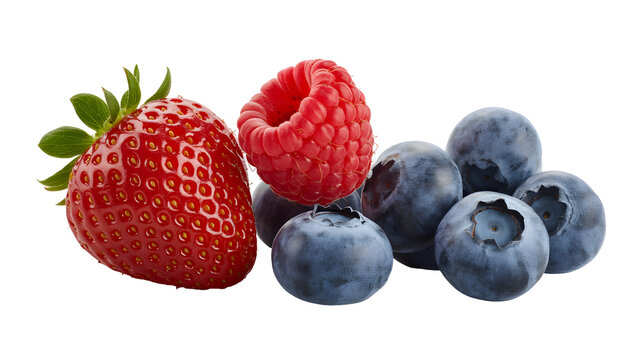 Fresh strawberries blueberries and raspberries on a black background