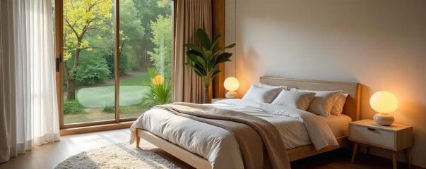 Serene bedroom sanctuary promoting relaxation and healthy sleep Soft lighting, calming colors, and natural textures create a peaceful atmosphere ideal for wellness , peace, essential oils