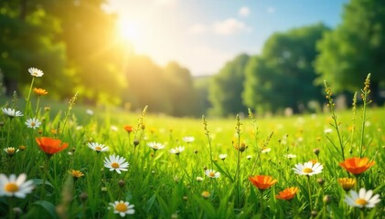 Sun-drenched meadow in summer, wildflowers in bloom, vibrant green grass, idyllic landscape, peaceful scene, perfect for nature themes , summer landscape, outdoor scene