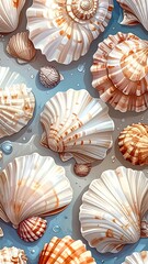 A close-up view presents an artistic arrangement of various seashells against a light-blue surface, with detailed textures