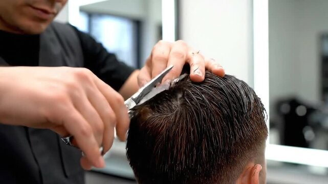 Hairdresser in Black Vest Cutting Brown Hair with Scissors in a Salon with White Walls and Mirrors in Studio Lighting Giving Hairstyle and Maintenance and Improvement Appearance