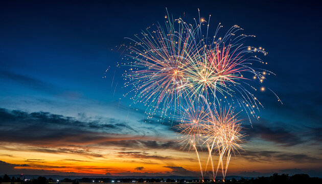 A vibrant display of colorful fireworks illuminating the evening sky above a dramatic sunset horizon. Bright bursts of light contrast against deep blue and orange clouds, creating a festive atmosphere