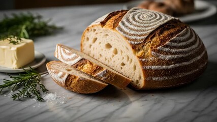 Freshly baked artisan bread loaf with butter and herbs - Powered by Adobe