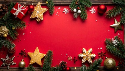 A bright red Christmas background decorated with golden stars, pine branches, ornaments, and snowflakes. A festive composition perfect for winter holiday greetings, seasonal banners.
