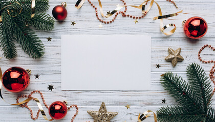 Christmas Flat Lay with Blank Card and Decorations