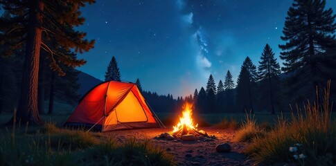 A crackling campfire under a starlit summer sky, illuminating a tent pitched amidst a tranquil forest The scene evokes warmth, peace, and the joy of outdoor adventure , scenic view, warm, forest
