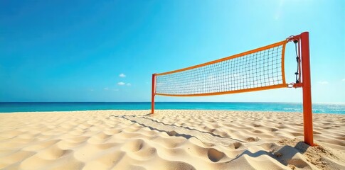 A sunny day at the beach, featuring a sand volleyball court with a net and smooth, golden sand ready for a game The vibrant blue sky provides a striking contrast , equipment, holiday