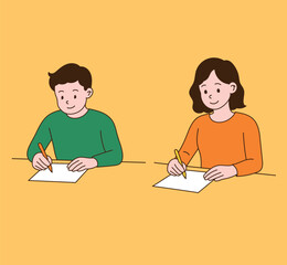 A couple writing on paper. Minimal line illustration style.