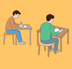 A person who sits in front of a desk and writes. Minimal line illustration style.