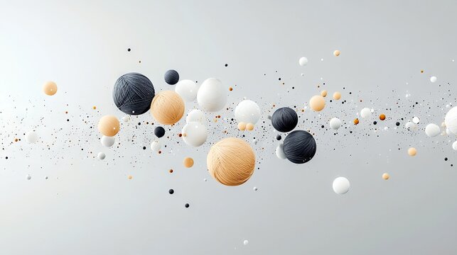 A collection of yarn balls and small spheres in neutral colors are suspended in a light gray space, with tiny particles scattered around them.
