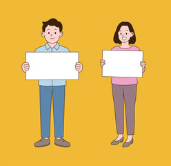 A couple holding up a sign panel and pointing. Minimal line illustration style.