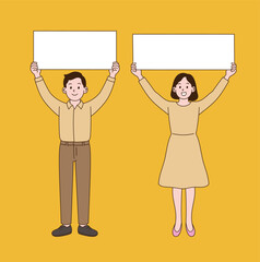 A couple holding up a sign panel and pointing. Minimal line illustration style.