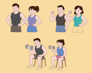 a muscular couple exercising. Minimal line illustration style.