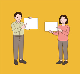 A couple holding up a sign panel and pointing. Minimal line illustration style.