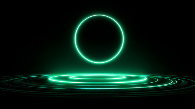 Neon eclipse light effect with glowing green orbit rings. Perfect for high-tech backgrounds, motion graphics, space themes, digital visuals, or minimalist sci-fi UI design concepts.