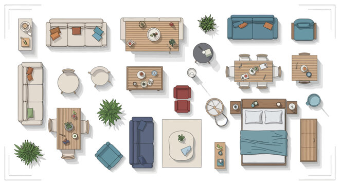 top-down plan view furniture collection modern household items sofas tables chairs beds plants for architectural floor plans interior design.