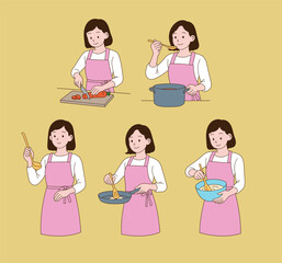 Woman with aprons in various cooking situations. Minimal line illustration style.