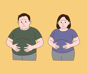 A couple worried about abdominal obesity. Minimal line illustration style.