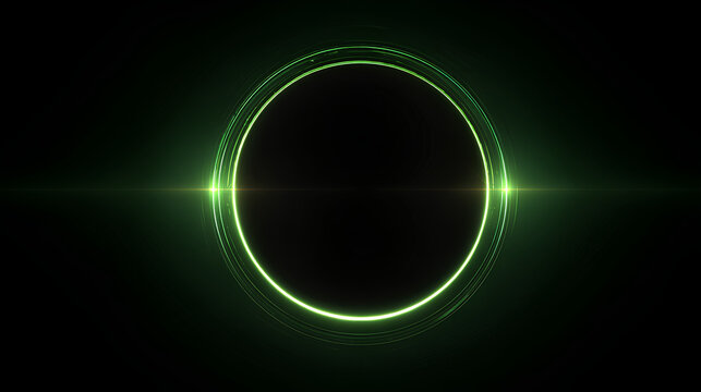 Neon eclipse light effect with glowing green orbit rings. Perfect for high-tech backgrounds, motion graphics, space themes, digital visuals, or minimalist sci-fi UI design concepts.