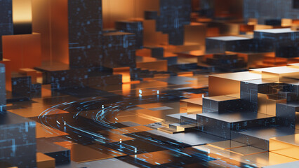 Futuristic digital landscape with glowing data flows over metallic cubes