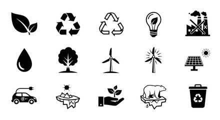 Dynamic collection of eco friendly icons representing sustainability, renewable energy, and conservation efforts for a greener future.