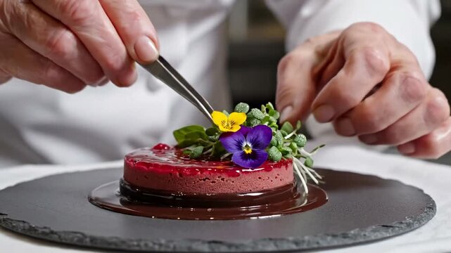 Chef delicately garnishing dessert with edible flowers