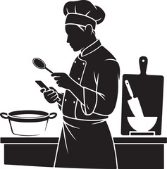 Male Chef Silhouette at Kitchen Counter with Wooden Spoon and Mobile Device