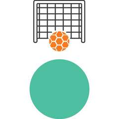Stylized Orange Soccer Ball Approaching Goal Net on Transparent Background With Teal Circle Below