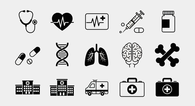 Comprehensive medical icons set featuring stethoscope heart pulse syringe DNA lungs brain bones hospitals ambulance and first aid kits for healthcare innovation - Powered by Adobe