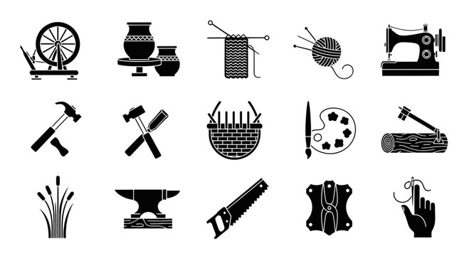 Discover diverse craft icons representing art, textile, pottery, woodworking, and metalworking for creative projects