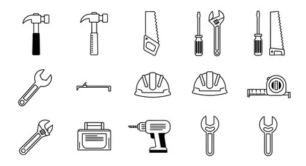 Essential tools for construction and repair, including hammers, wrenches, saws, hard hats, and drills, perfect for DIY projects and professional trades.