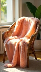 A fluffy, summer-colored fur throw blanket draped artfully on a wicker chair, bathed in warm sunlight Perfect for adding texture and a touch of summery warmth to your home decor , cozy fur, fur throw