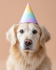 Golden Retriever Wearing Colorful Party Hat Against Pastel Background