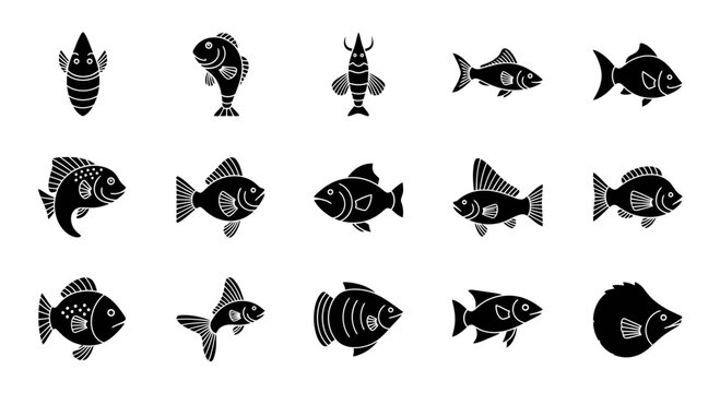 Diverse collection of stylized black fish icons and aquatic creatures perfect for marine life projects and ocean themes