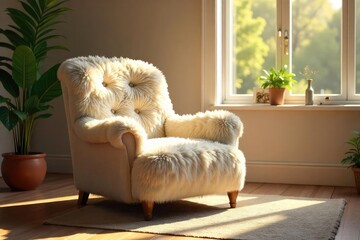 A fluffy, plush armchair bathed in warm sunlight, inviting relaxation and comfort Perfect for cozying up with a good book or simply unwinding after a long day , inviting, living room