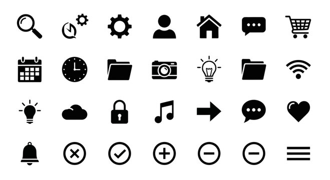 Modern icon set featuring essential symbols for digital interfaces, apps, and websites offering clean, versatile design elements for any project
