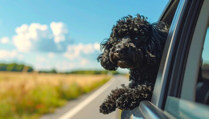 A fluffy black dog enjoys the wind while gazing out of a car window on a sunny day. Fields and blue sky in background