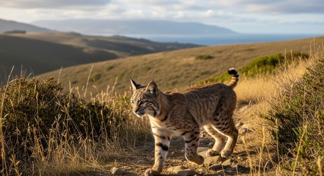 Bobcat traversing sunlit grasslands with mountains and ocean backdrop enhancing its wildness - Powered by Adobe