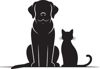 Dog and Cat Silhouette Sitting Together Black Vector