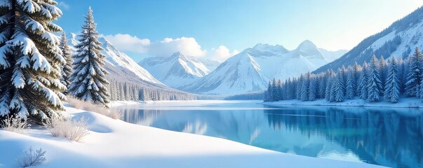 A serene winter wonderland scene featuring a snow-covered forest, frozen lake, and distant mountains under a clear, blue sky Perfect for winter holiday or travel campaigns , peaceful, forest, white