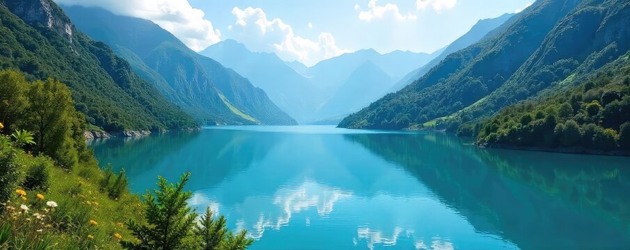 Serene blue waters of a pristine lake nestled amidst lush green mountains, reflecting the clear sky Perfect for travel, nature, and environmental themes , ecology, peaceful - Powered by Adobe