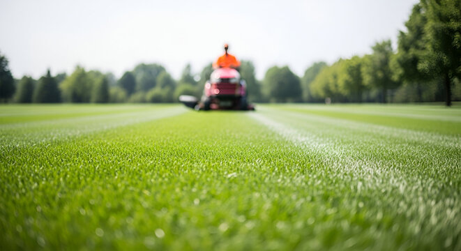 Man mowing a large green lawn with a riding lawnmower on a sunny day, creating striped patterns.